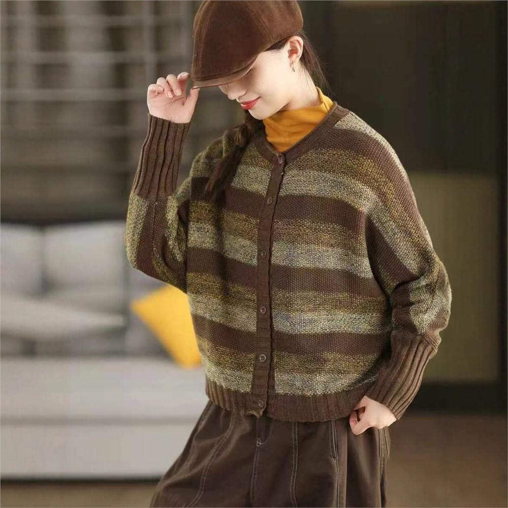Johnature Women Vintage Striped Sweaters O-Neck Long Sleeve Button Autumn Knitted Casual Female Soft Sweaters