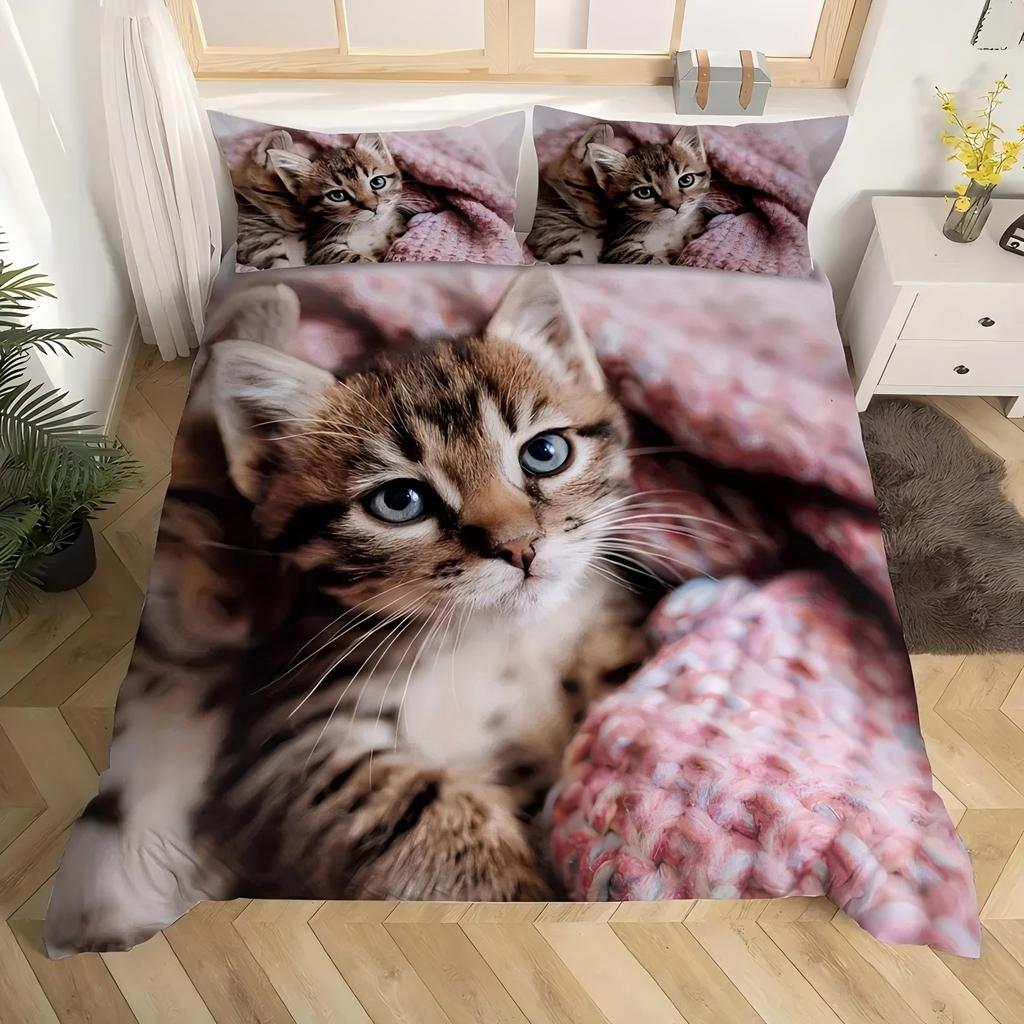 Cute Cat 3D Printed Bedding Cover Cartoon Animal Style Quilt Cover Set Soft Comfortable Luxury Polyester Duvet Cover Pillowcases