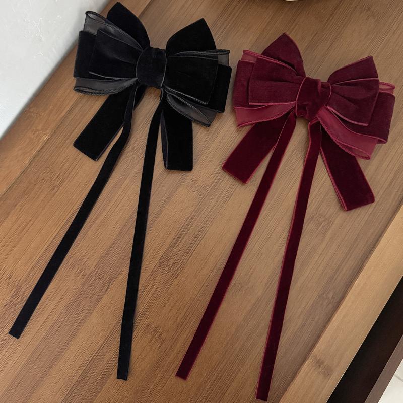 Autumn Winter Red Velvet Bow Ribbon Hair Clip For Women Fashion Retro Ponytail Back Of The Head Bow Hairpin Hair Accessories