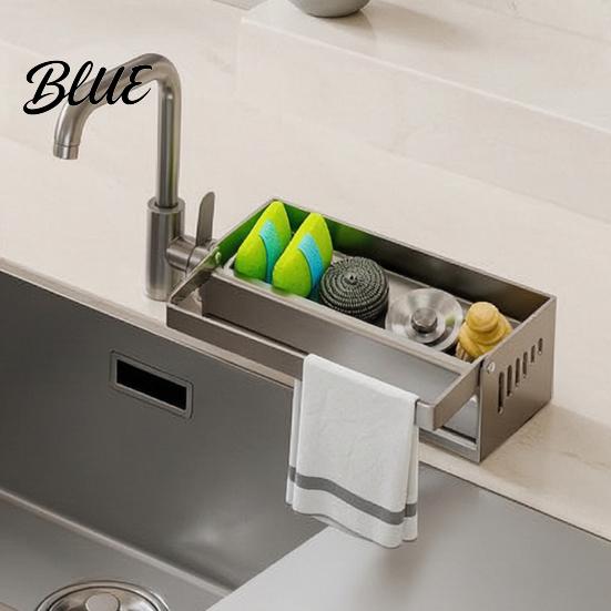 Kitchen Sink Cleaning Tool Storage Rack with Foldable Towel Rack Durable Carbon Steel Tray Suction Bar Holder Cup Fixation Sloped Drainage