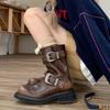 Vintage Maillard Style Short Knight Boots Do Polished Old Martin Boots Women's Autumn and Winter Thick-soled Thick-heeled Belt Buckle Short Boots