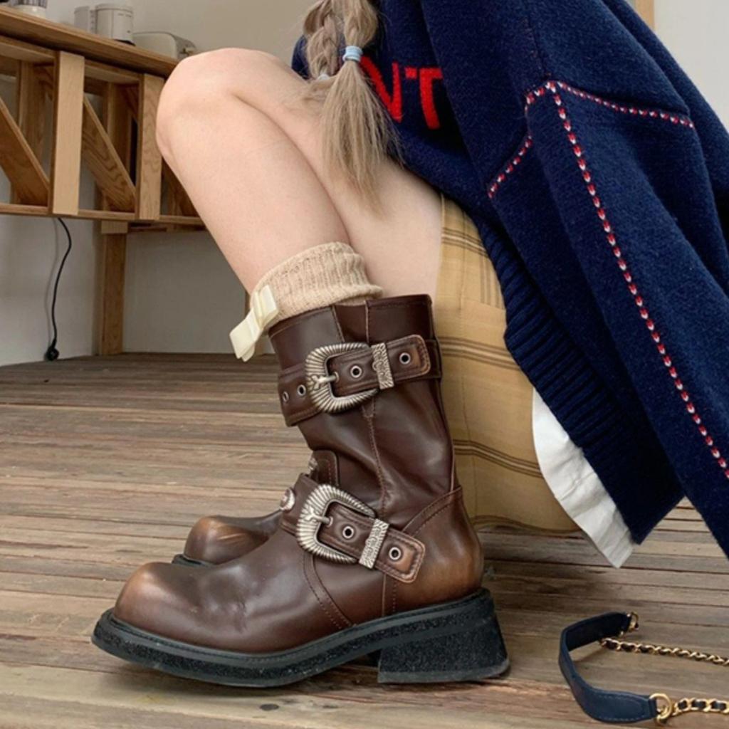 Vintage Maillard Style Short Knight Boots Do Polished Old Martin Boots Women's Autumn and Winter Thick-soled Thick-heeled Belt Buckle Short Boots