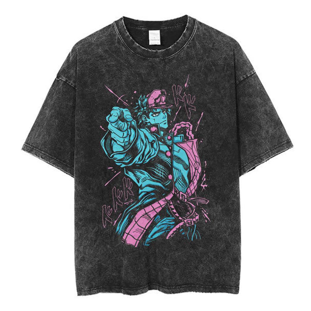Anime JoJo Bizarre Adventure Jotaro Kujo Vintage Acid Washed T Shirts Men Women Cotton Casual Short Sleeves Tshirts Streetwear