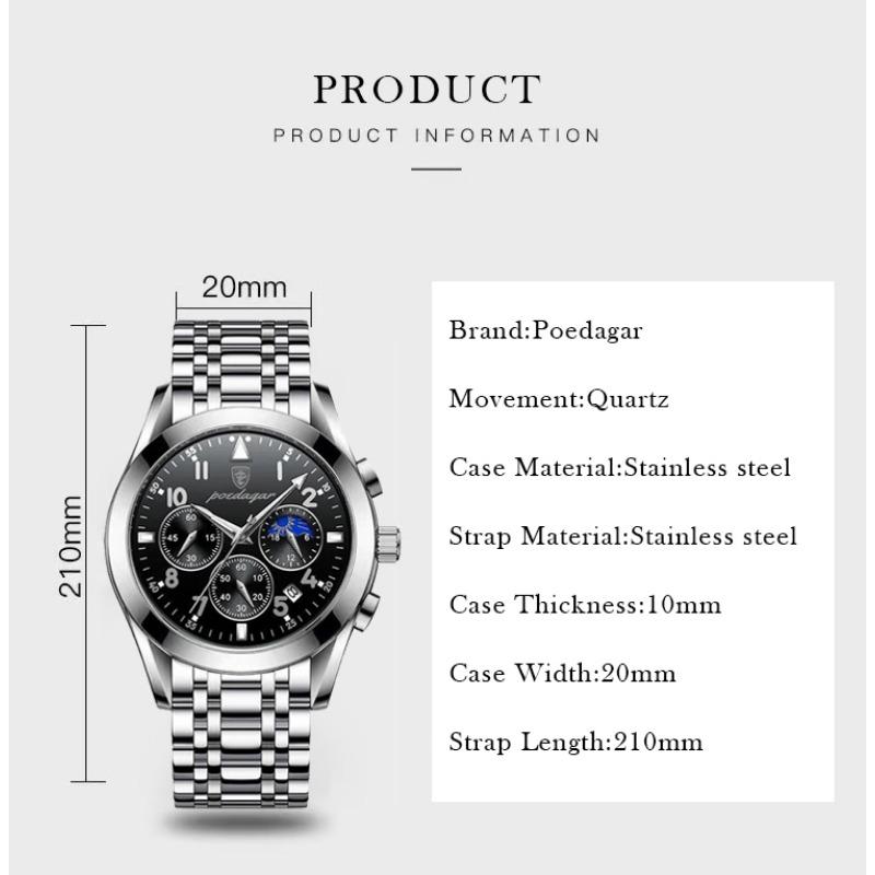 POEDAGAR Men Watches Stainless Steel Top Luxury Fashion Business Wristwatch Waterproof Luminous Quartz Watches
