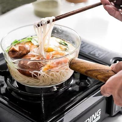 Olla de vidrio para cocinar, leche, fideos instantáneos, sopa, caldo, ollas para gachas, mango de madera, calefacción de llama abierta, utensilios de cocina, olla de arcilla