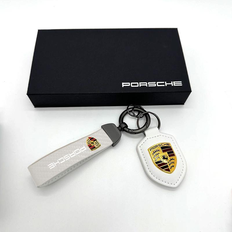 Kožený kľúčenka s emblémom Car Shield, kľúčenka z uhlíkových vlákien pre Porsche 911 718 Taycan Panamera Cayenne Macan Boxster Cayman Pajun