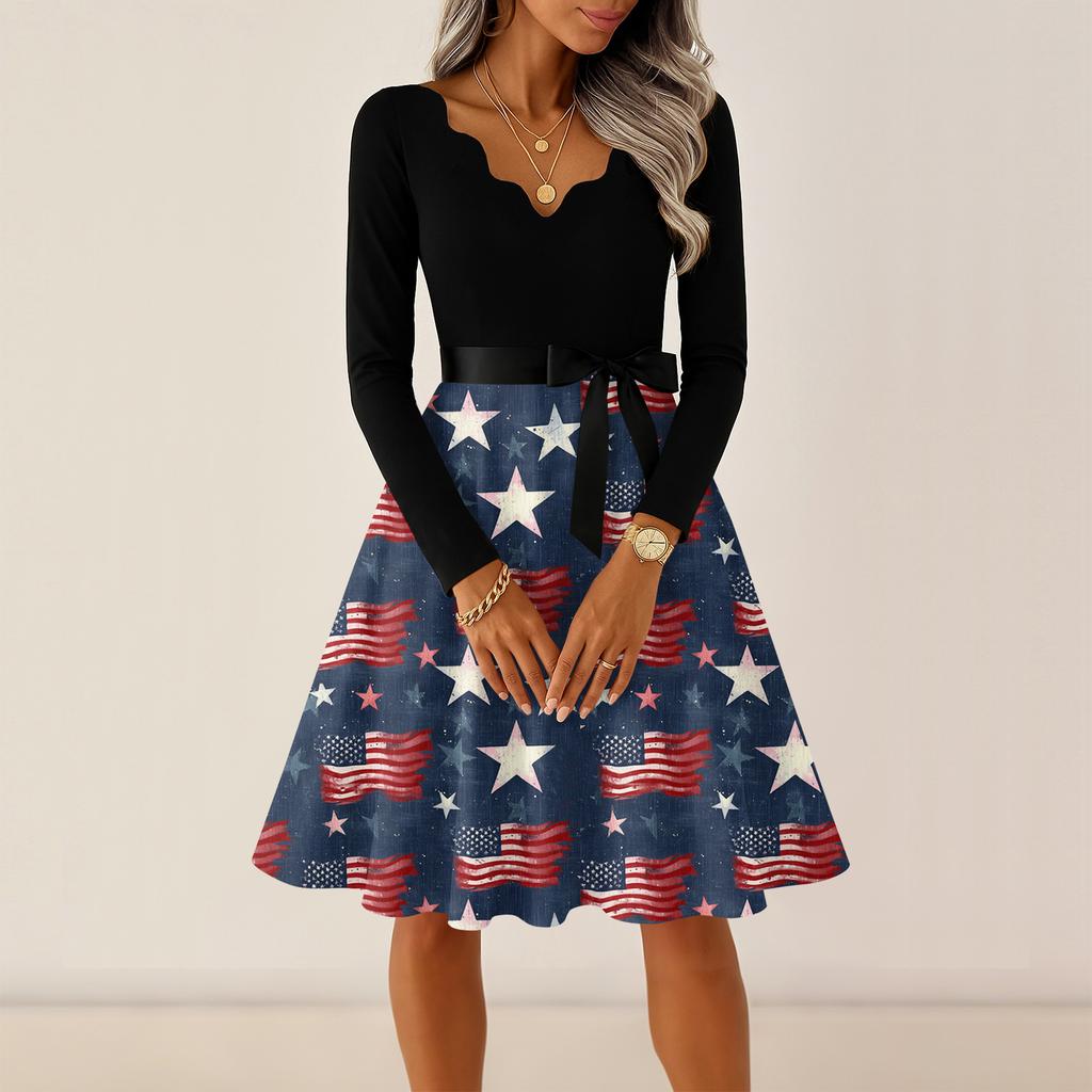 Ladies' Casual and Fashionable V-neck Long Sleeved Retro Independent Day Print Retro Dress