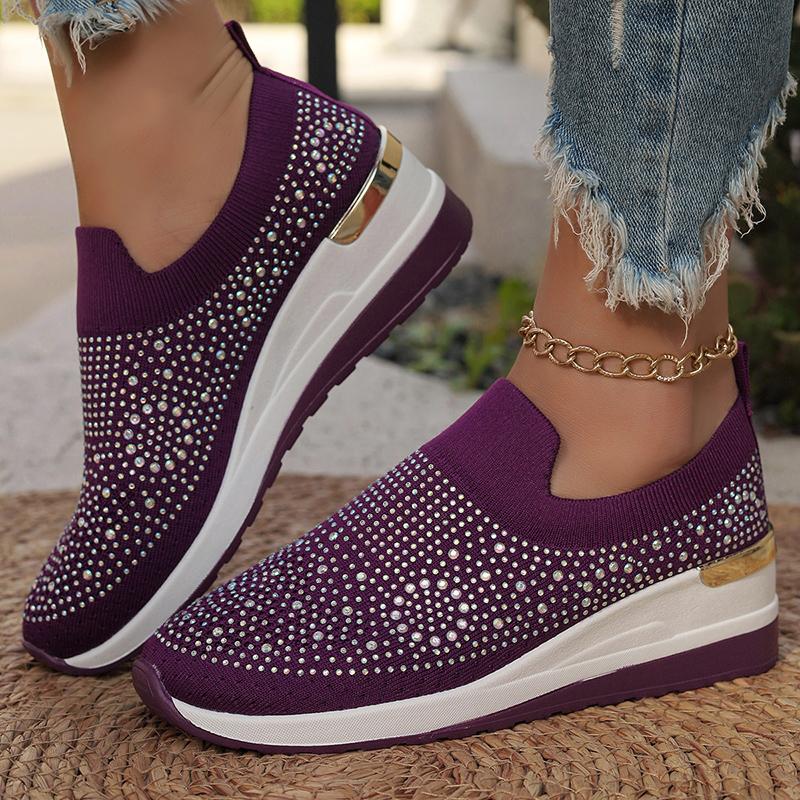 Fashion Hot Pink Shiny Crystal Knitted Sneakers for Women Fashion Wedge Comfortable Sports Shoes Woman Lightweight Slip On Running Shoes