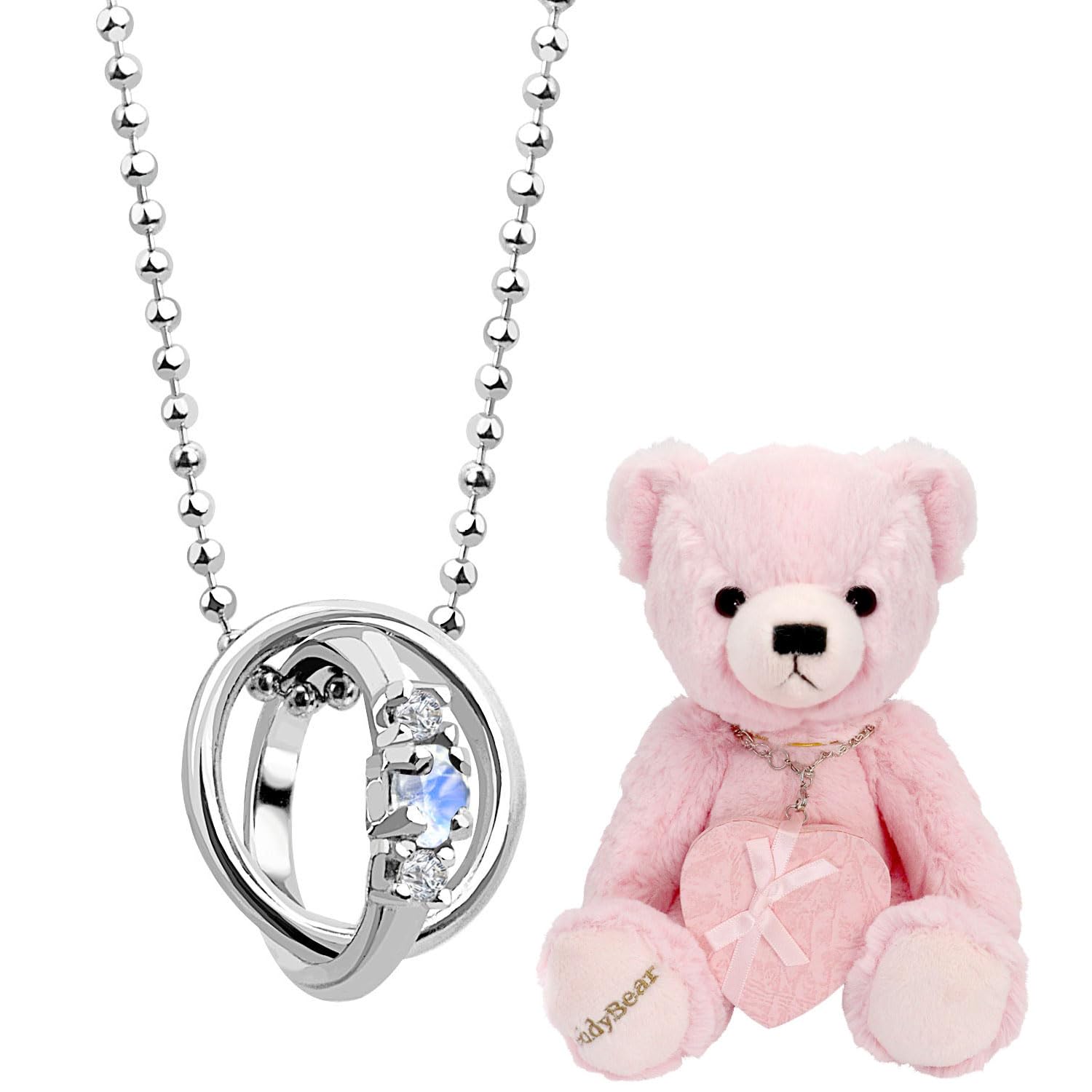 

Double Ring Top Necklace Diamond x Birthstone Silver Pink Teddy Bear June Blue Moonstone [Sears] Women s dr-66-tdt-01-p06