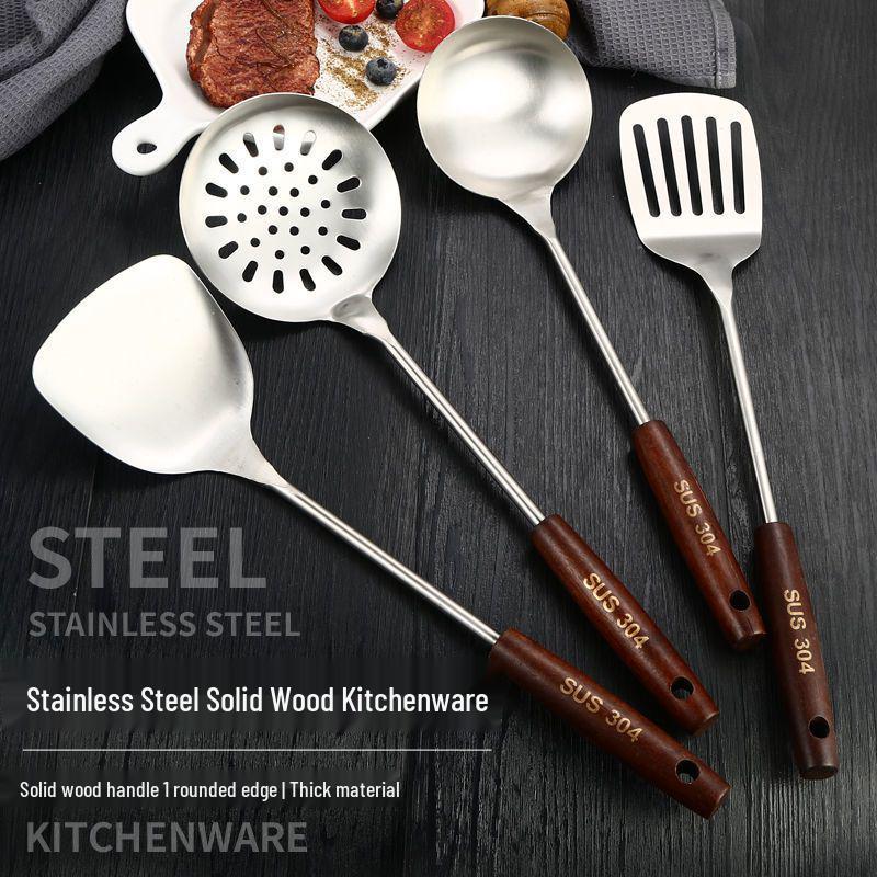 304 Stainless Steel Slotted Spatula Set with Anti-scald Wooden Handle - Thickened for Stir-frying & Cooking.