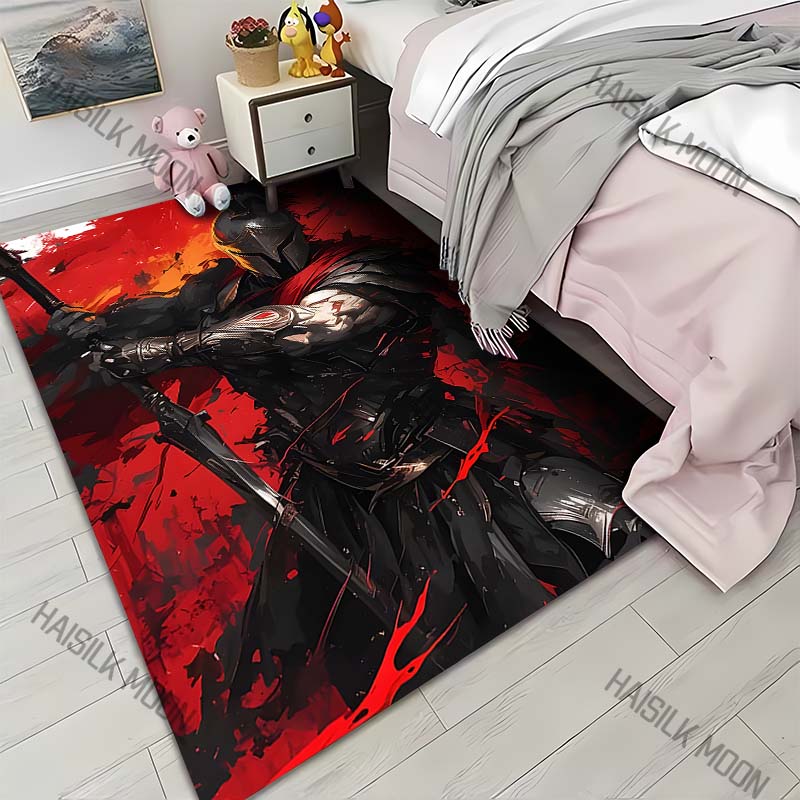 

1PC Black-Armored Warrior Blazing Flames Print Carpet for Living Room Bedroom Sofa Home Decor Rus Non-slip Floor Mat Luxury Gift 40x60cm