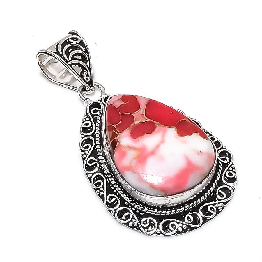 Natural Pink Dahlia Turquoise Gemstone 925 Sterling Silver Pendant 2.21  ETC-14000