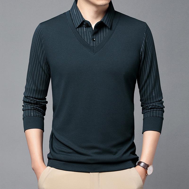 Fake Two-piece Autumn Men's New Style Lapel Striped Long-sleeved T-shirt Middle-aged Business Casual Comfortable Top Trendy Men's T-shirt