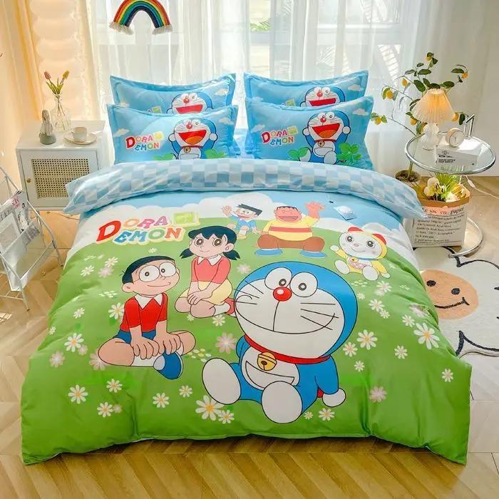 Doraemon Mechanical Cat Cartoon Style Pure Cotton Material Bed Three-piece Set Student Dormitory Dirty-Resistant Bedding