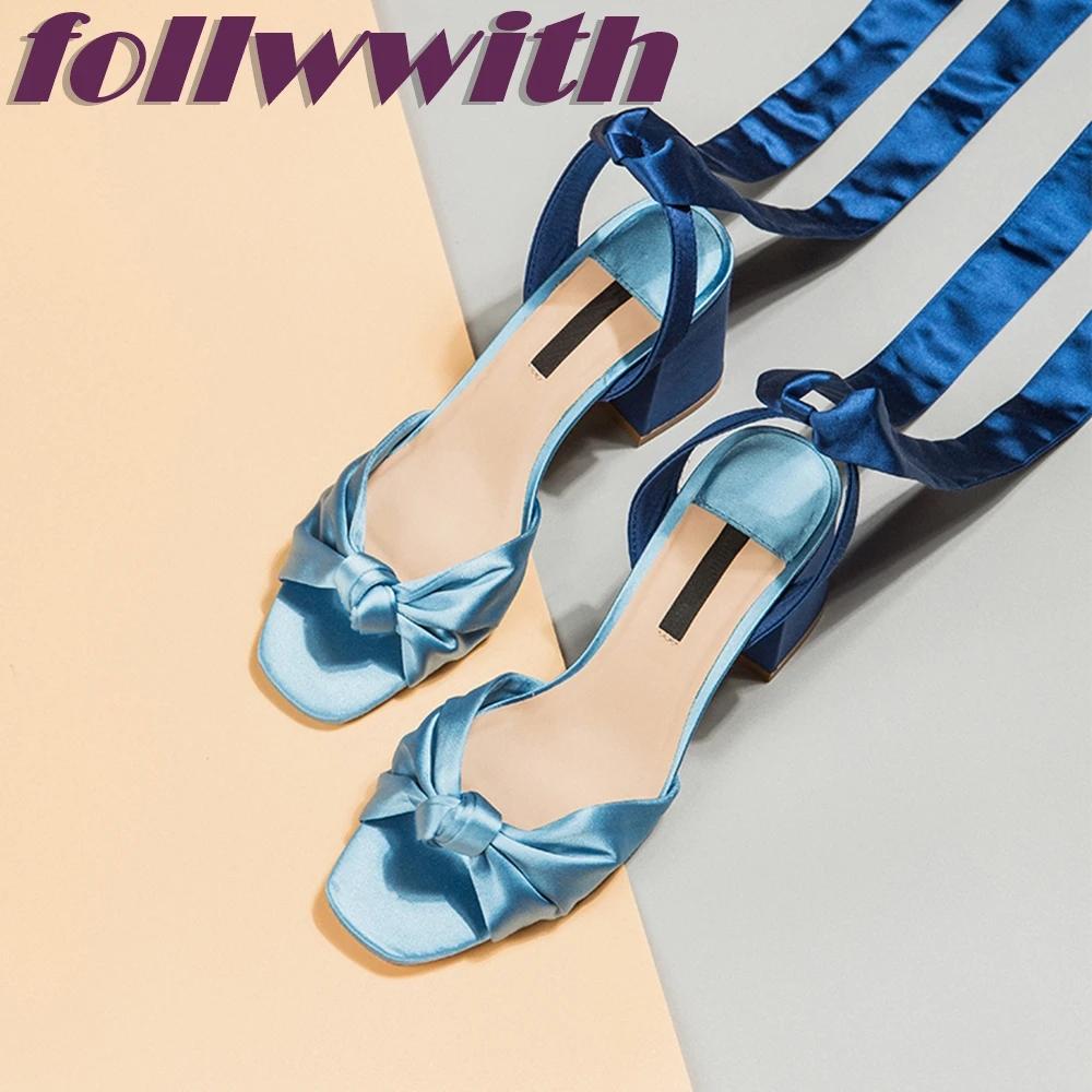 Silk Knot Lace Up Sandals Cross Tied Ankle Wrap Chunky Heel Concise Round Toe Party 2025 New Arrival Summer Woman Shoes
