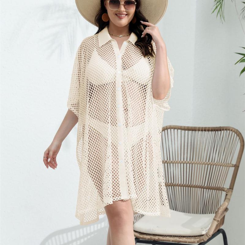 Aesthetic Casual Plus Size Mesh Patchwork Dress Women Fashion Design Loose Short Sleeve Dresses Female Summer Chic Hollow Out Lapel Clothing Lady