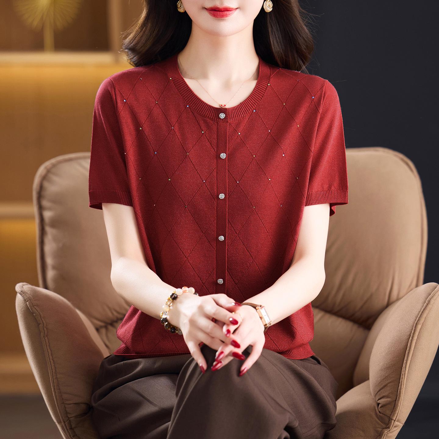 

Middle-aged Women s Ice Silk Short Sleeve T-shirt with Wide-leg Pants 4XL вино красного