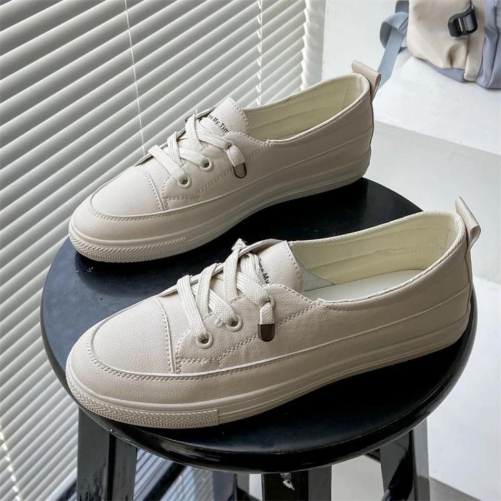 Ladies new autumn white shoes Fashion leather casual single footwear Solidcolor laceup flat Comfortable light women's board shoe
