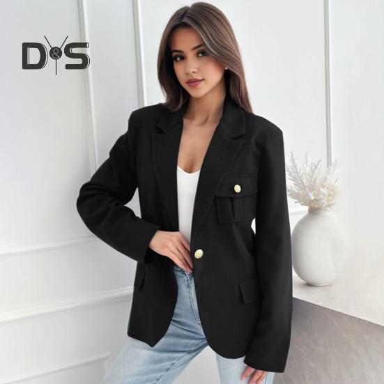 Women Suit Coat Lapel Long Sleeve Flap Pockets Suit Jacket Solid Color Single Button Office Lady Outwear