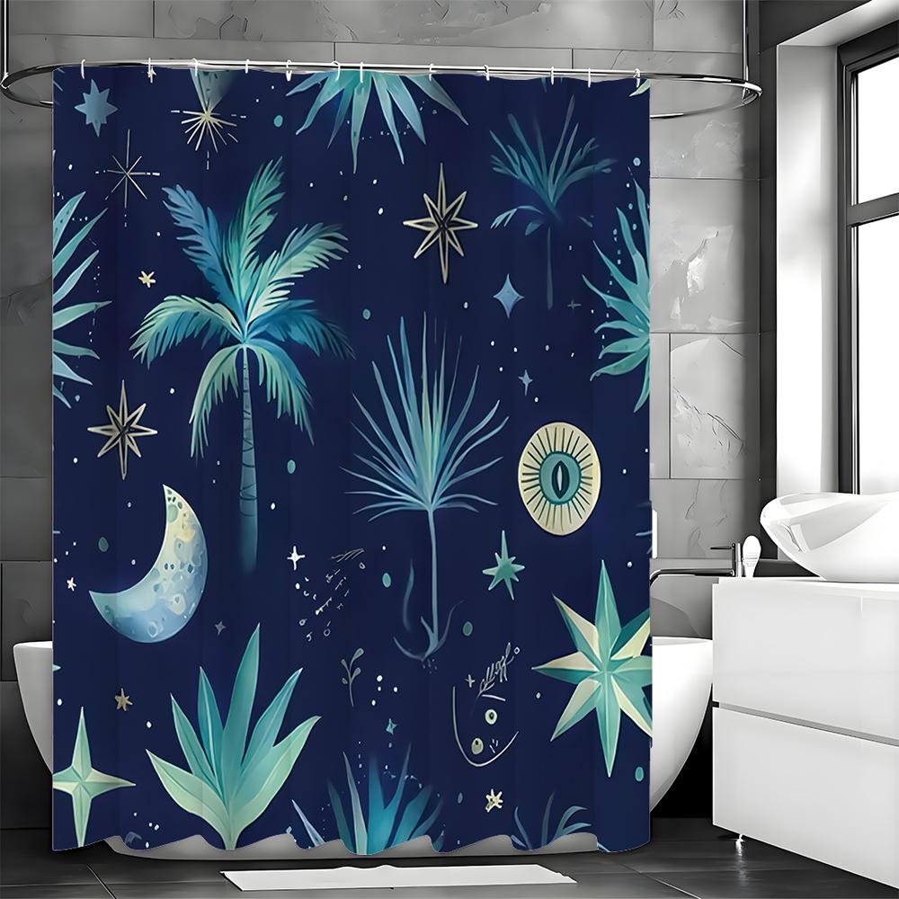 Moon Botanical Night Sky Shower Curtain, Bathroom Decorative Shower Curtain, Waterproof Shower Curtain with Hooks