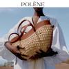 Damen geflochtene Stroh-Strandtasche - Großes Fassungsvermögen, zum Tragen in der Hand oder über der Schulter, Eimerform, Frühjahrs-/Sommer-Mode