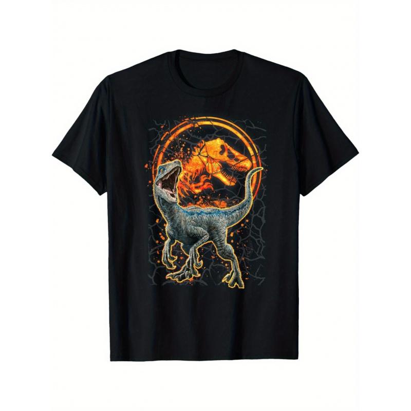 LocalBlue Men's Raptor Magma Icon T-Shirt - Black Dinosaur & Magma Print with Baryonyx-like Raptor Design, Short Sleeve Crew Neck Cotton Tee for