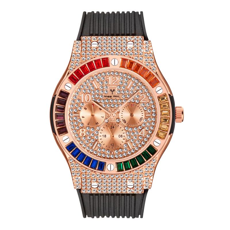 44mm Men's Watch Waterproof Rainbow Diamond Case Luxury Gold Quartz Watches For Male Week Day Display Rubber Strap Hand Clock