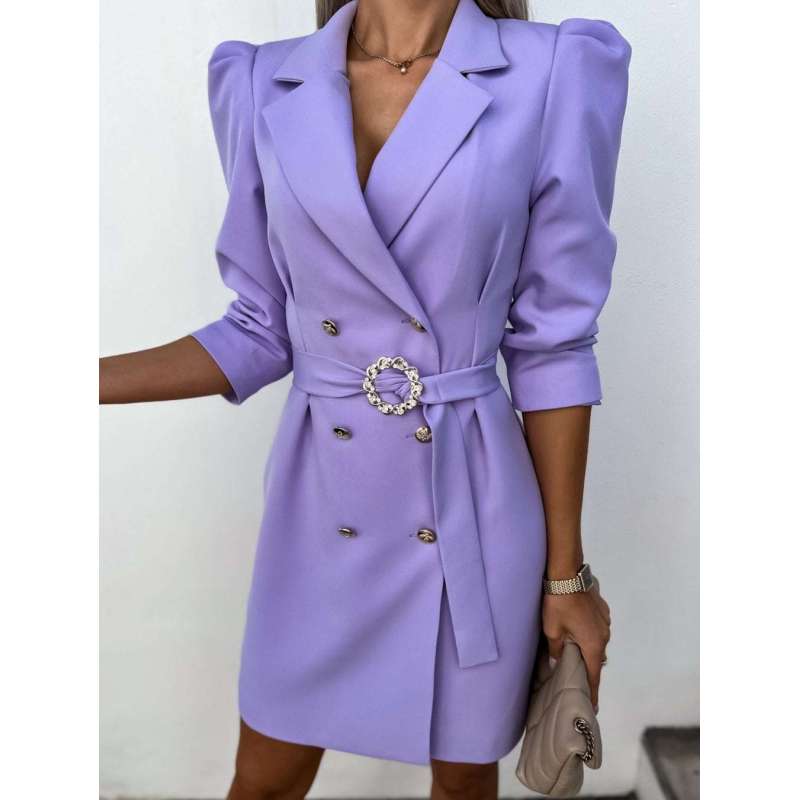 

Tooxika Женский новый OL пригородный костюм воротник двубортный талия однотонный тонкий платье с поясом M фиолетовый