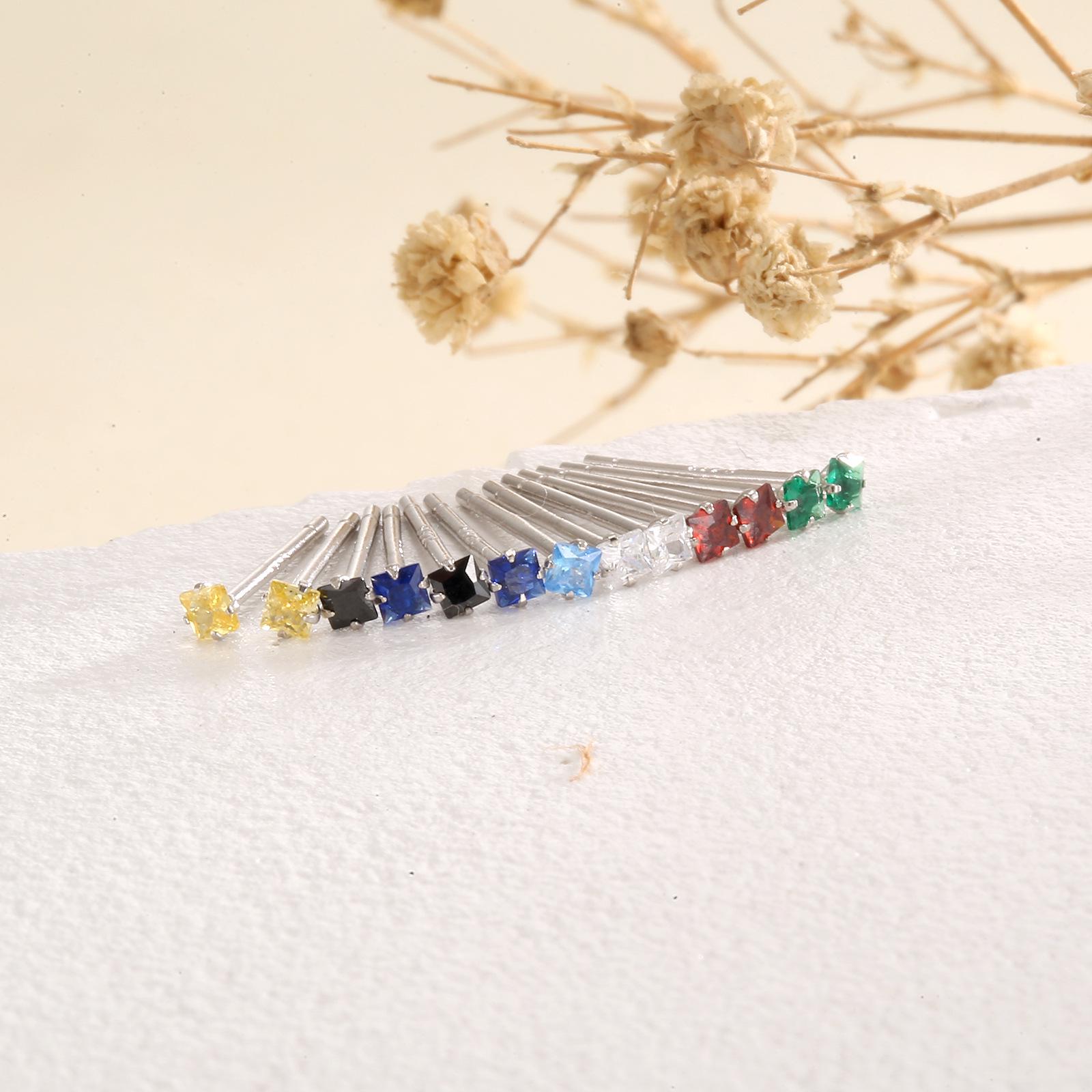 Beixi S925 Sterling Silver Mini Square Zircon Stud Earrings, 2mm, Colorful Silver