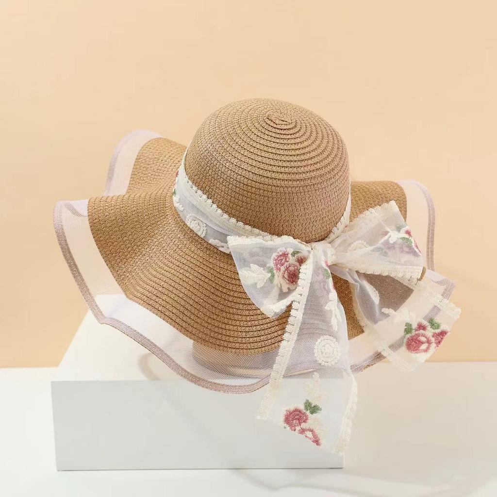 Feifei Women's Lace Sun Hat Large Brim Straw Beach UV Protection Floral Sash Summer Anti-Uv Cap Natural Straw Material