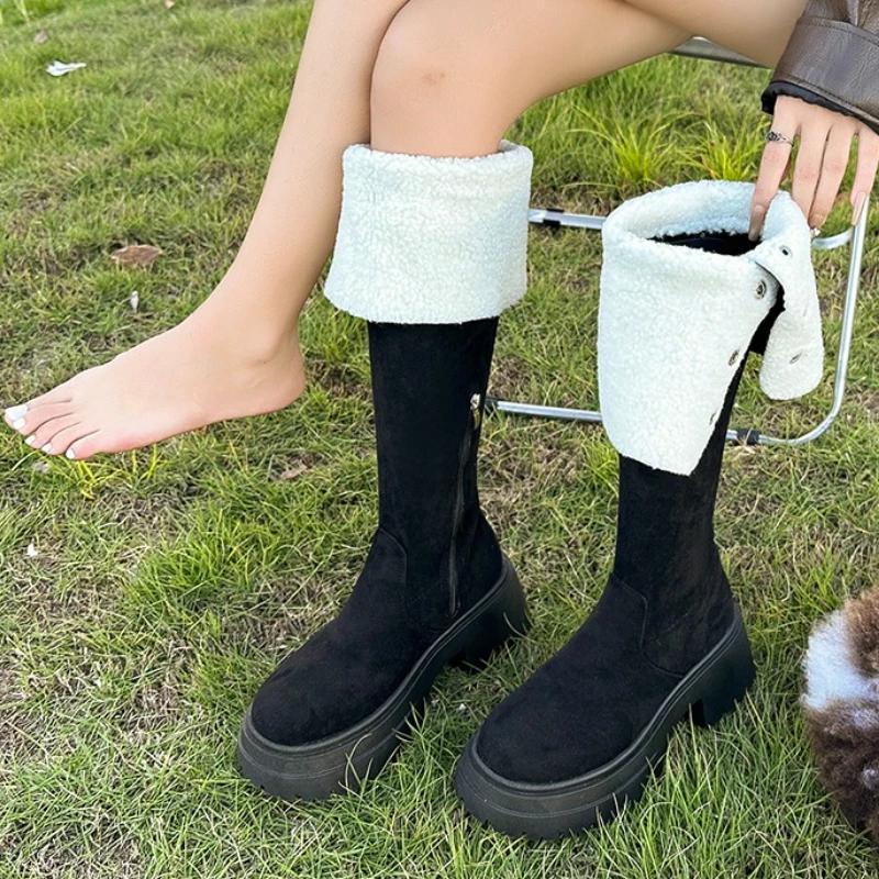 New Fashion Winter Warm Cotton Women Knee High Boots Concise Punk Modern Long Boots Thick Heels Ladies Shoes