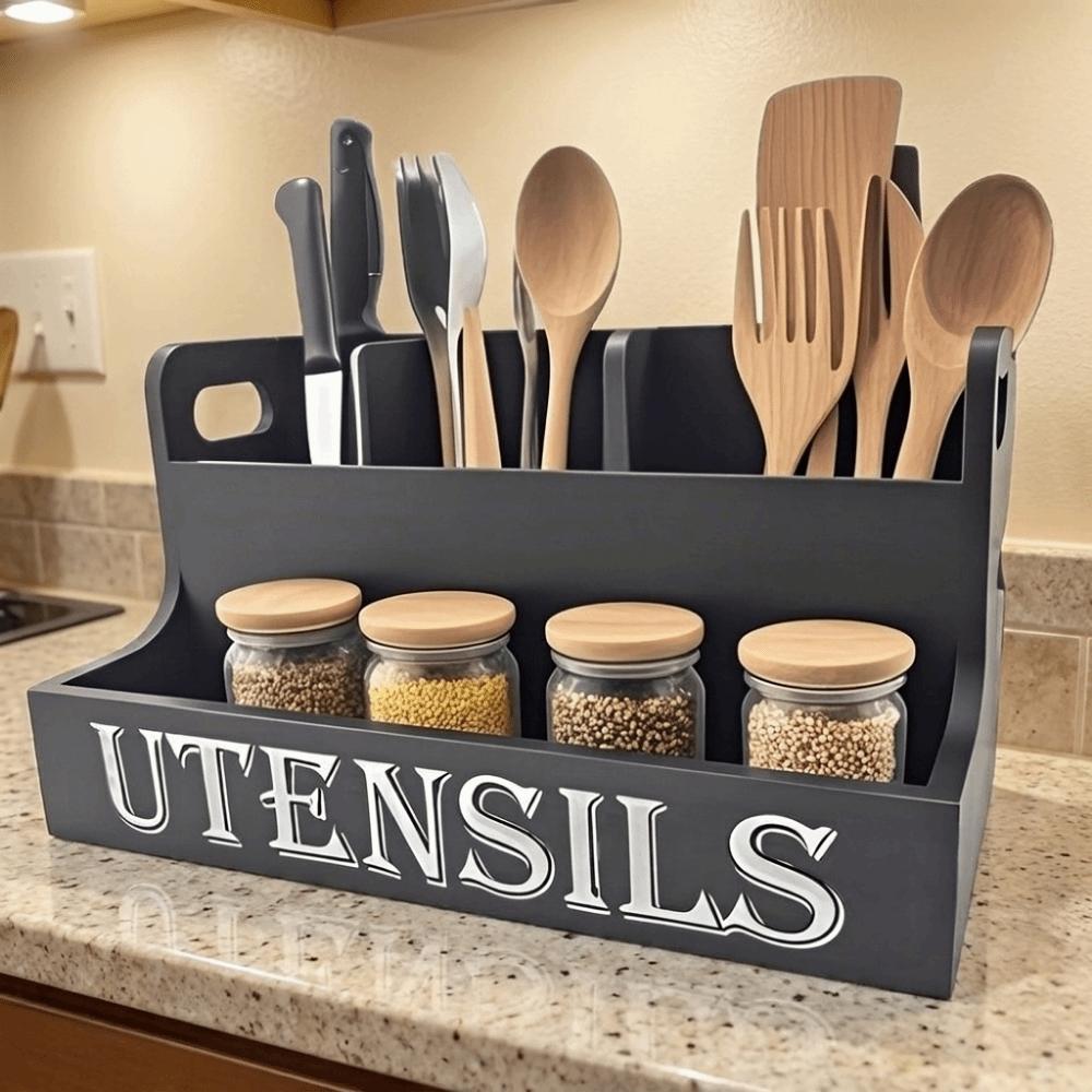 Wooden Spoon Fork Storage Box Space Saving Tableware Storage Rack Silverware Holder Living Room