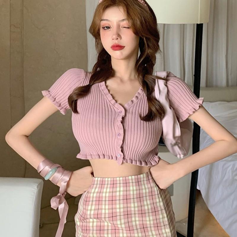 Women's Fashion V-neck Button Ruffled Short Section Exposed Navel Knitted Short Sleeved Cardigan One Size 6 Colors