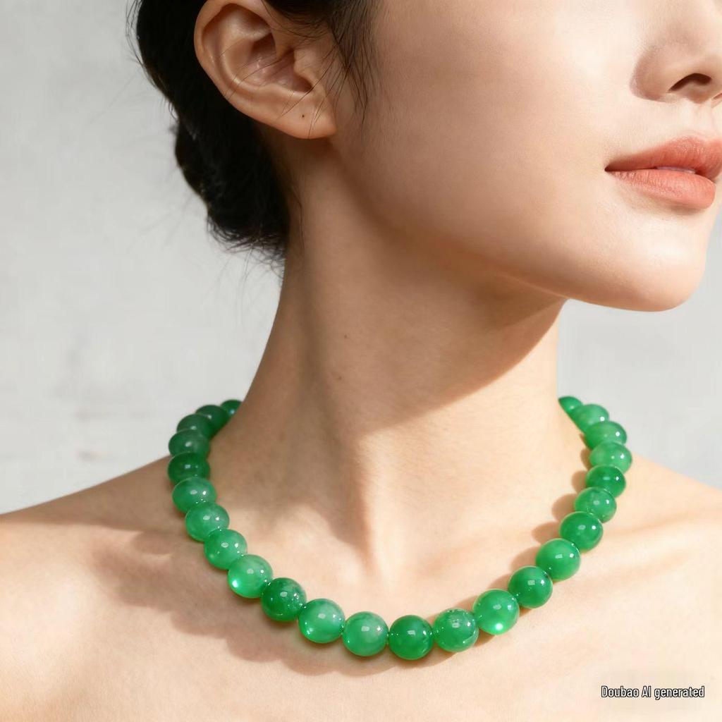 10mm Runde Grüne Perlenkette - Retro Literarische Schlüsselbein Kette für Damen