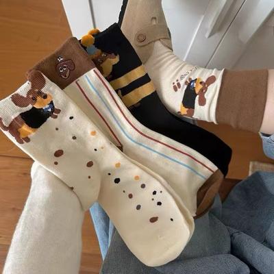 Cotton Socks for Girls, Cartoon Fun Dachshund, Skin-friendly and Comfortable Mid-calf Socks, Sweat-absorbing and Breathable Pile Socks