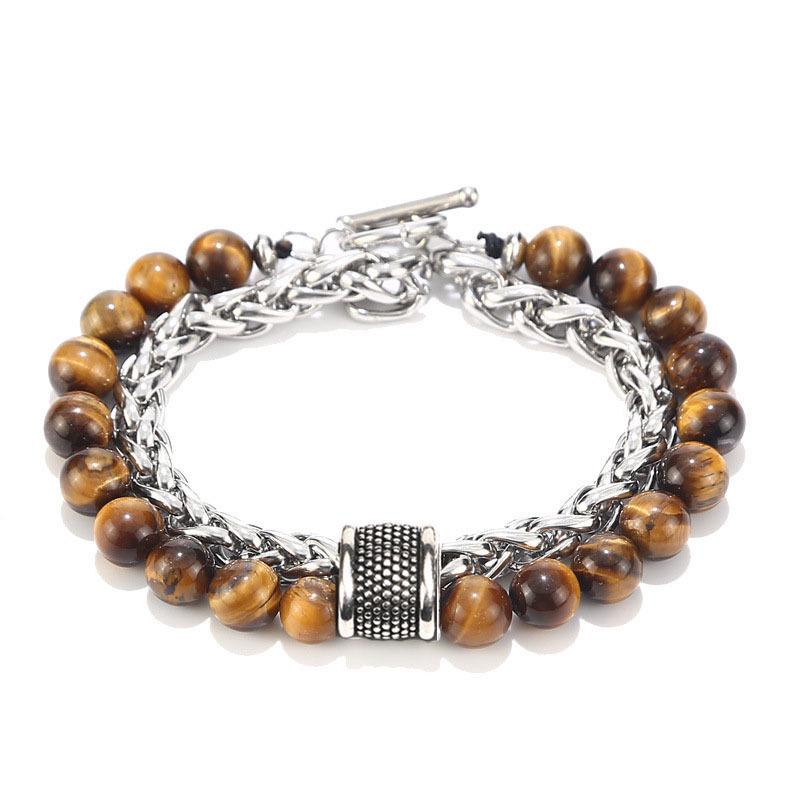 Natural Map Stone & Stainless Steel Men's Beaded Bracelet - Unique Fashion Jewelry