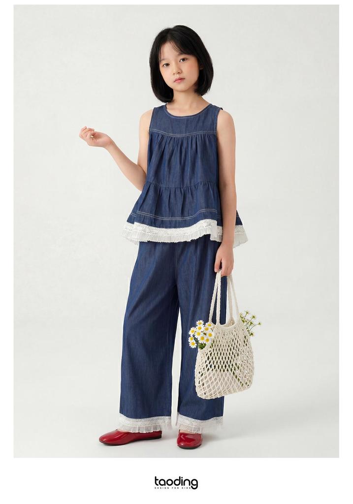 Retro Summer Lace Patchwork Denim Set - Sleeveless Vest & Wide-Leg Pants