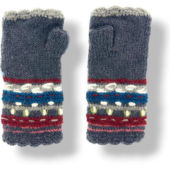 Ella Sussman Hand Knit Fingerless Embroidered 2 Flower Gloves Embroidered Wool Fleece Lined Texting Mittens Arm Warmers