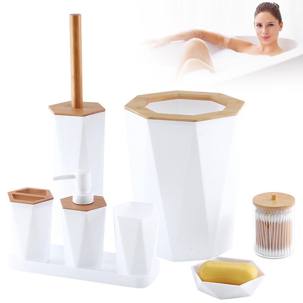 8Pcs Bathroom Set with Soap Dish Dispenser Trash Can Toilet Brush Bathroom Ensemble - Soap Dish Dispenser Trash Can Toilet Brush
