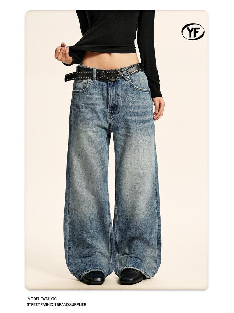 Yongfang Unisex Retro Distressed Blue Jeans - Loose Wide-Leg, Bamboo Grain Casual Style