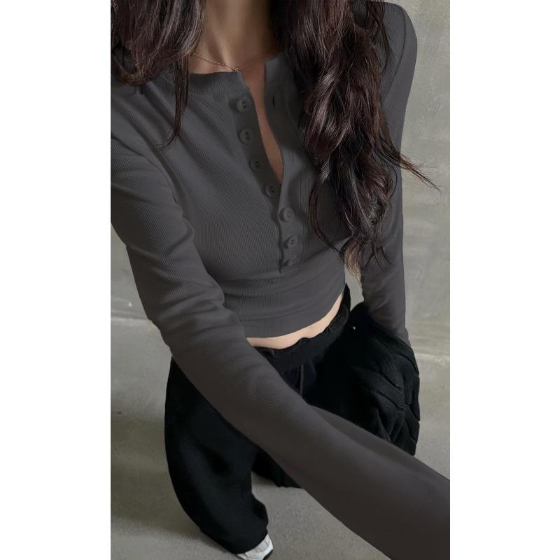 White bottoming shirt women's spring new single-breasted front shoulder slim-fitting Spice Girl long-sleeved T-shirt top trendy