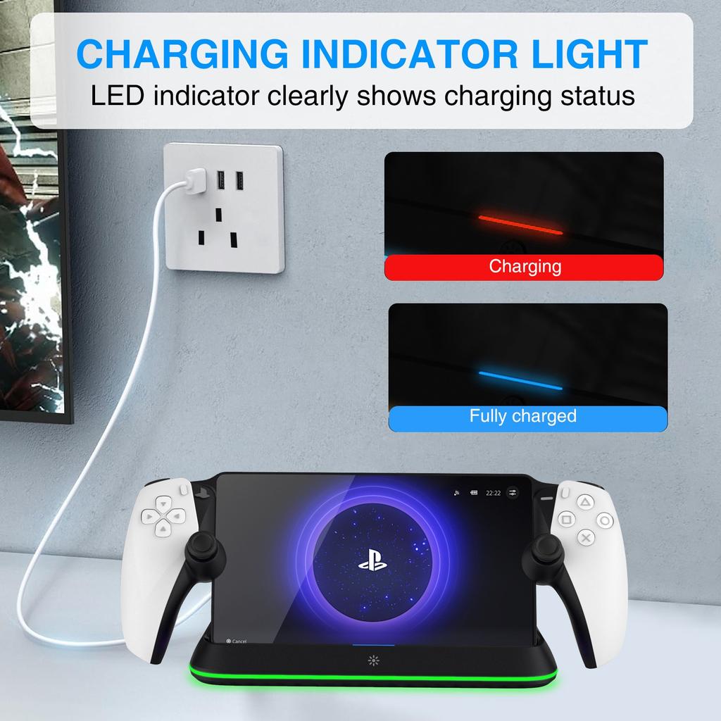 RGB Portable Charging Dock Charging Stand Station for PS5 Portal Consoles Accessories with 7 Lighting Modes and Type C Cable Quick Charging with Light