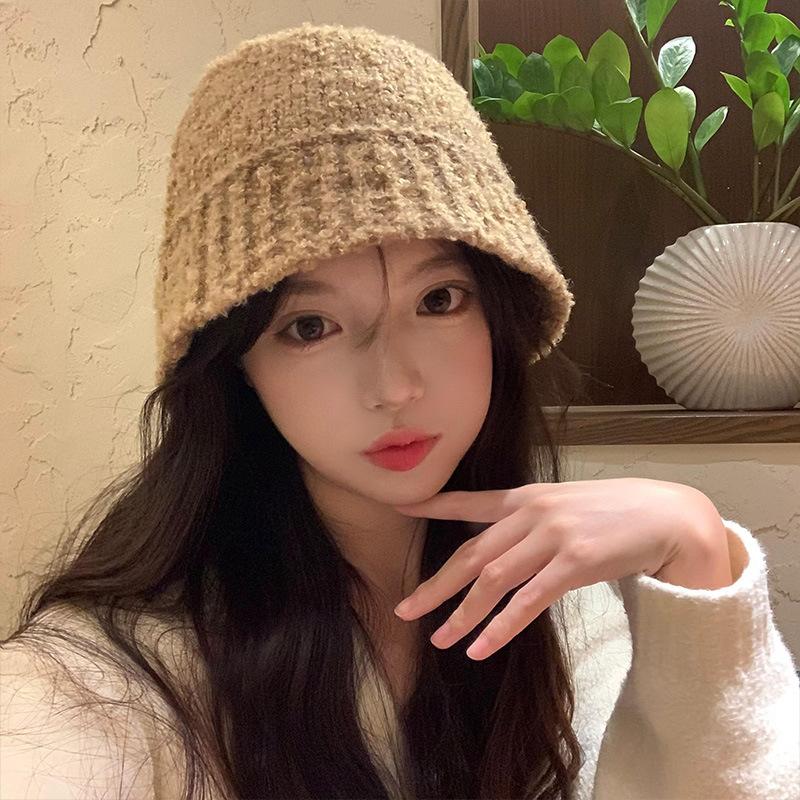 Fisherman Hat Women's Autumn and Winter Large Head Circumference Knitted Wool Basin Hat Without Makeup Showing Face Small Bucket Hat