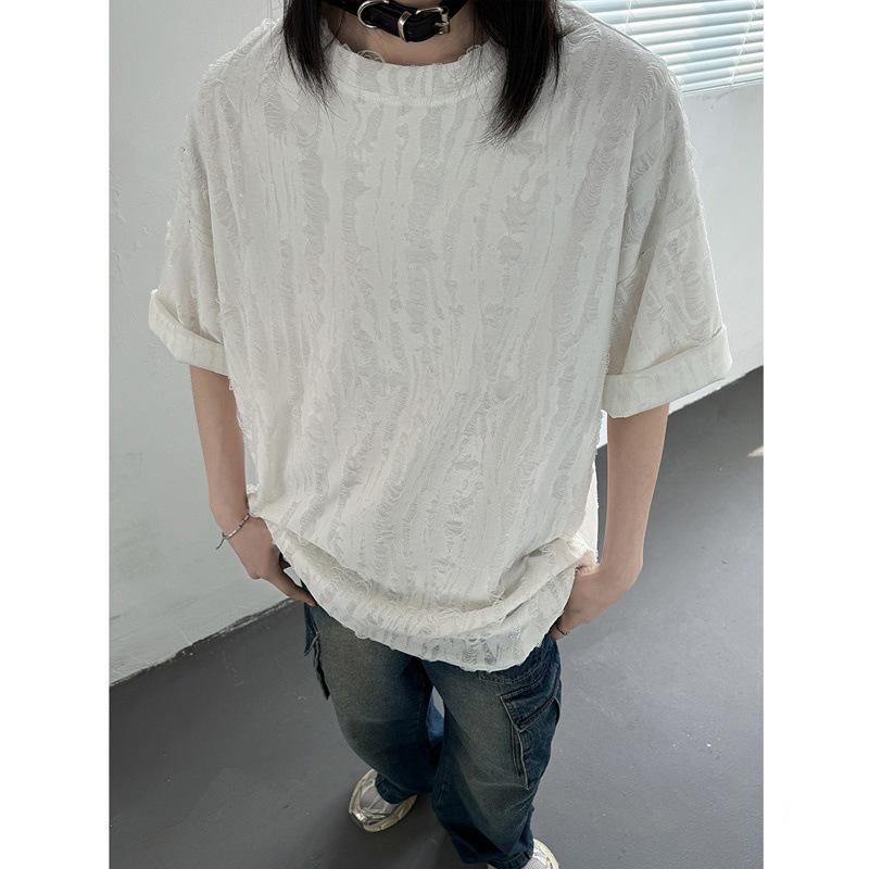 Wasteland-Style Niche Hollow-Out Ripped Men's Heavyweight T-Shirt with Small Neckline