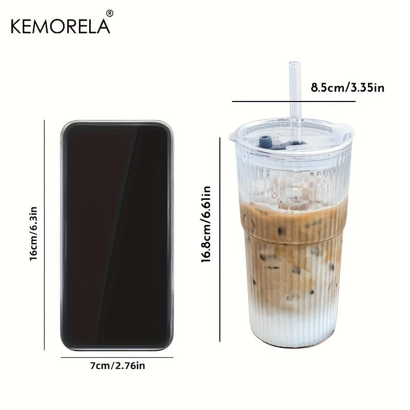 KEMORELA 1/2PCS Ribbed Glass Tumblers with Lids and Straw 600ML Large Capacity Coffee Cup for Iced Americano and Juice Coke Beer