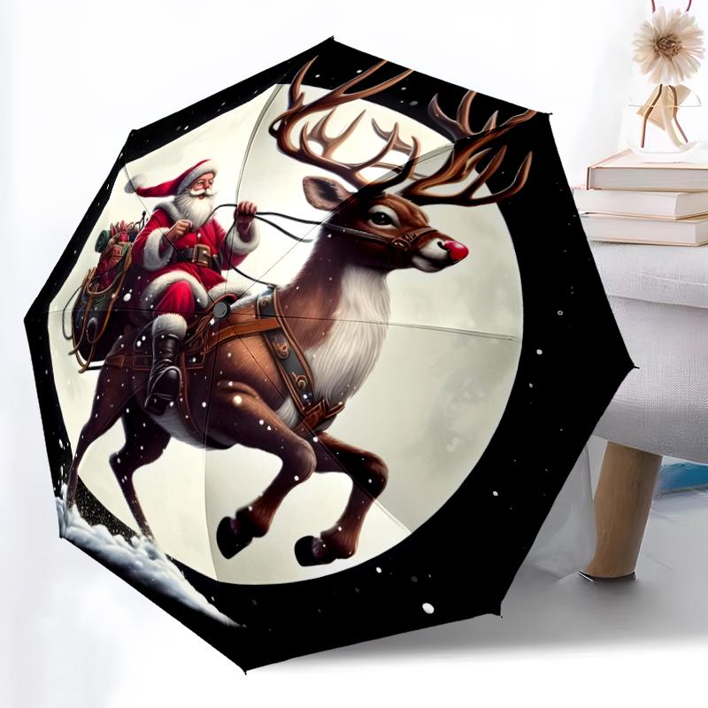 1pc Sturdy 8-Bone Auto Umbrella, Santa Claus and Reindeer Umbrella, Digital Printed, Foldable Umbrella for On-the-Go Outdoor Use