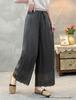 2026 Spring/Summer Women's Linen Straight-Leg Pants with Elastic Waist and Retro Embroidery Hem - Casual and Versatile Solid Color Long Pants