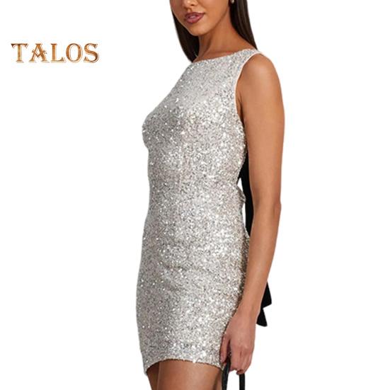 

Женское вечернее платье выпускного вечера коктейльное вечернее мини-платье с пайетками бант без спинки без рукавов облегающее круглое короткое платье для актрисы знаменитости M серебряный