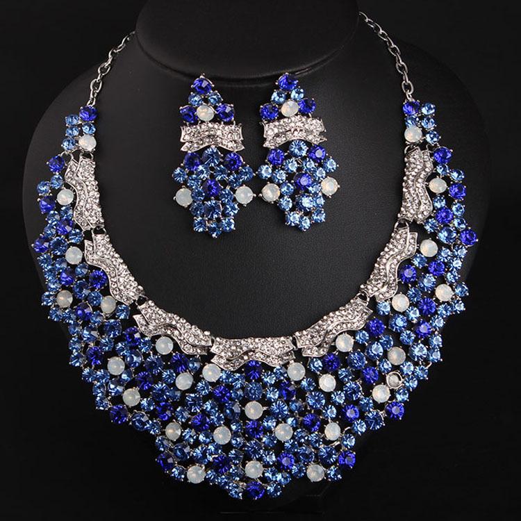 Exaggerated Blue Gemstone Necklace And Earrings Set For Formal Occasions And Weddings 21cm - 50cm
