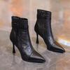 2025 Autumn/Winter Pointed Toe Side Zipper High Heel Soft Leather Women's Stiletto Boots with Buckle.